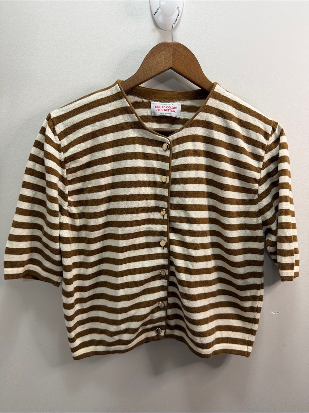 Vintage 80s 90s United Colors Of Benetton Brown & Cream Striped Cardigan Size S